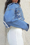Jaqueta jeans azul claro casual patchwork sólido manga longa gola aberta