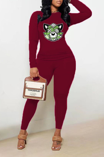 Burgundy Casual Print Patchwork O Neck Long Sleeve Two Pieces