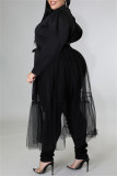 Vestidos casuais pretos sensuais de retalhos sólidos com gola virada para baixo manga longa plus size