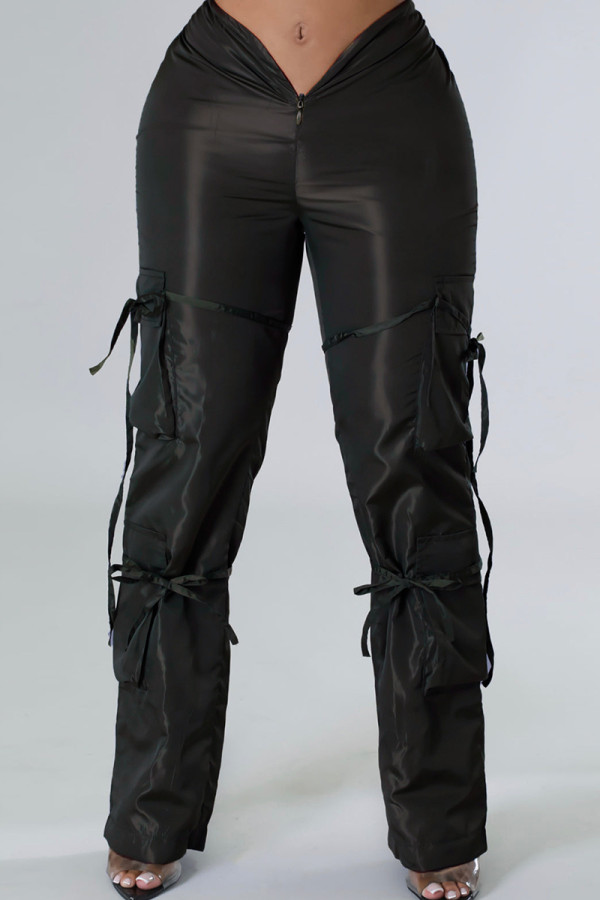 Zwarte casual effen patchwork normale broek met middelhoge taille