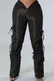 Black Casual Solid Patchwork Regular Mid Waist Trousers