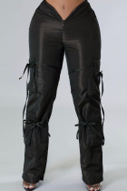 Pantalones de cintura media regular de patchwork sólido casual negro