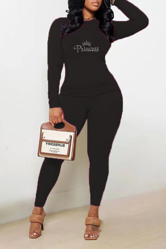 Black Casual Solid Patchwork Hot Drill O Neck Long Sleeve Two Pieces