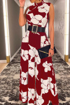 Red Casual Print Patchwork With Belt O Neck Jumpsuits