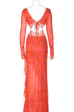 Rode sexy print uitgeholde patchwork frenulum ruche asymmetrische v-hals onregelmatige jurk jurken