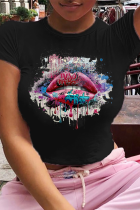 Negro Casual Street Lips Impreso Patchwork Letra O Cuello Camisetas