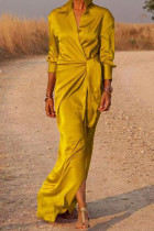 Золотистое повседневное однотонное платье-рубашка в стиле пэчворк с отложным воротником Платья-рубашки Платья