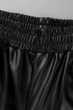 Zwarte mode casual effen patchwork spleet normale hoge taille broek