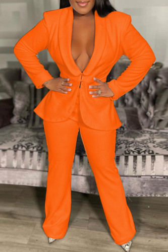 Pantaloni cardigan casual tinta unita arancione con colletto rovesciato manica lunga due pezzi
