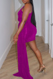 Purple Sexy Solid Patchwork Asymmetrical Oblique Collar Pencil Skirt Dresses