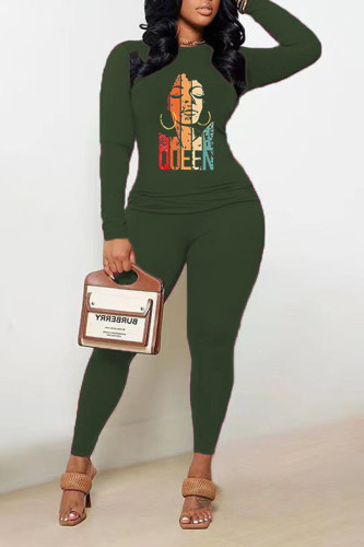 Army Green Casual Print Patchwork O Neck Long Sleeve Two Pieces