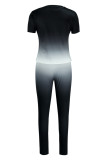 ブラック ファッション カジュアル グラデーション リップス プリント パッチワーク Oネック 半袖 ツーピース