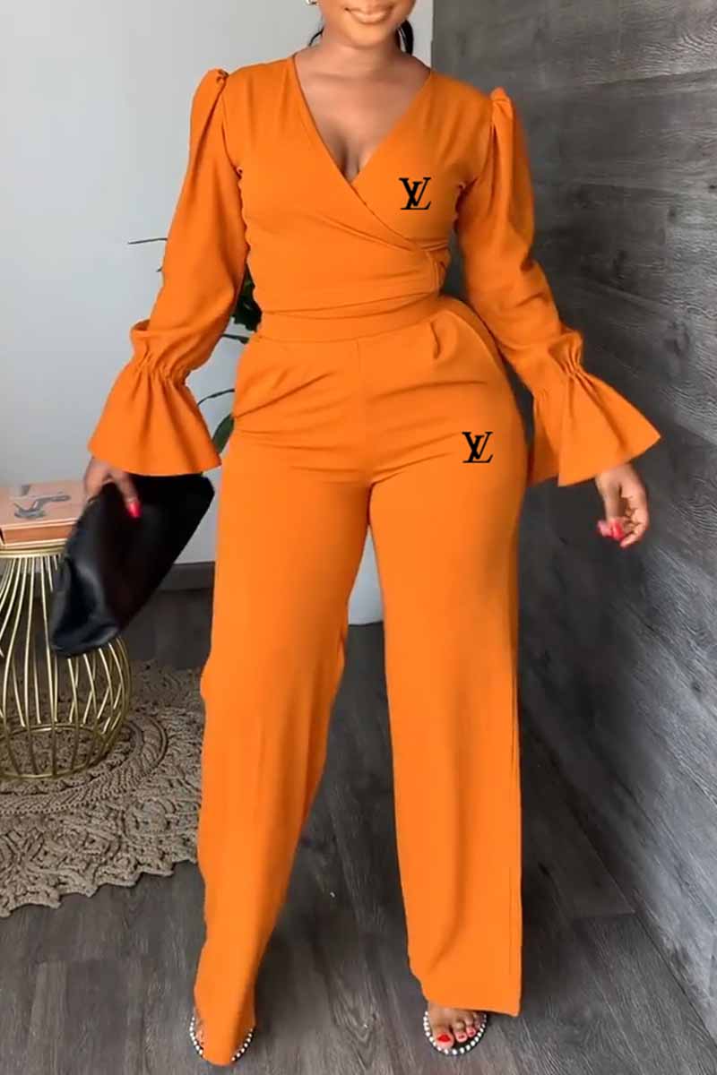 

Orange Elegant Print Letter V Neck Long Sleeve Two Pieces