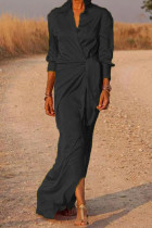 Черное повседневное однотонное платье-рубашка в стиле пэчворк с отложным воротником