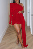 Красный сексуальный однотонный пэчворк асимметричный косой воротник юбка-карандаш платья