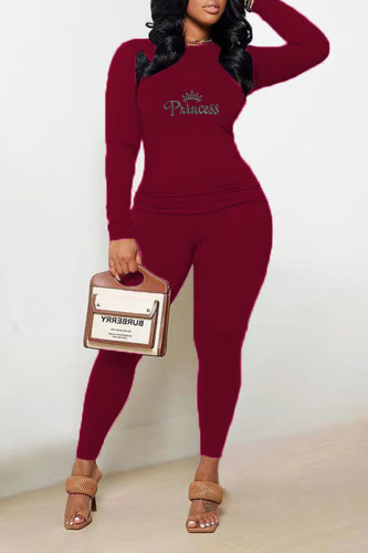 Burgundy Casual Solid Patchwork Hot Drill O Neck Long Sleeve Two Pieces