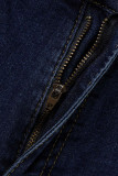 Donkerblauw Sexy Street Solid Ripped Patchwork Metalen Accessoires Decoratie Hoge Taille Denim Jeans