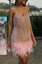 Pink Fashion Sexy Patchwork Pailletten Federn V-Ausschnitt Sling Dress