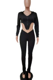 Black Sexy Sportswear Solid Patchwork Zipper Hooded Collar Long Sleeve Two Pieces