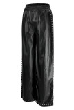 ブラック ファッション カジュアル ソリッド パッチワーク スリット レギュラー ハイウエスト パンツ
