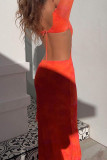 Rött sexigt tryck urholkat lapptäcke Frenulum volang Asymmetrisk V-ringad oregelbunden klänning