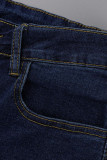 Jeans in denim a vita alta con decorazione in metallo patchwork strappato solido da strada sexy blu scuro