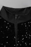 Outerwear preto sexy sólido com patchwork de lantejoulas com zíper (apenas casacos)