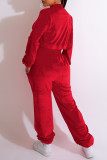 Colletto con cerniera lampo patchwork casual solido rosso manica lunga due pezzi