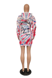 Multicolor Street Print Patchwork Hooded Collar Straight Dresses