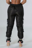 Zwarte casual effen patchwork normale broek met middelhoge taille