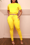 Yellow Casual Solid Backless O Neck Short Sleeve Two Pieces
