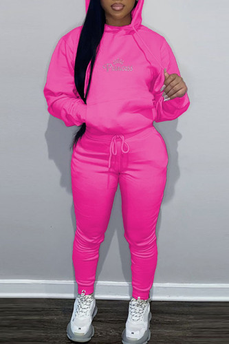Rose Red Casual Hot Drill Hooded Collar Long Sleeve Sweatshirt And Pants Sportwear Two Piece Jogger Set