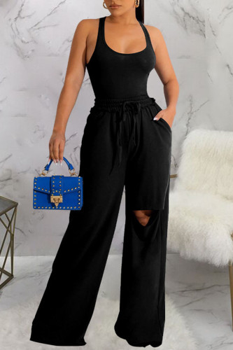 Black Casual Solid Ripped Patchwork U Neck Sleeveless Two Pieces
