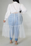 ホワイト セクシー カジュアル ソリッド パッチワーク ターンダウン カラー ロング スリーブ プラス サイズ ドレス