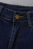 Bleu foncé Sexy rue solide déchiré Patchwork accessoires en métal décoration taille haute Denim jean