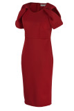 Red Casual Elegant Solid Patchwork O Neck One Step Skirt Dresses