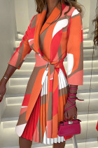 Vestidos de gola dobrada com estampa casual patchwork vermelho tangerina