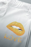 Zwart Mode Toevallig Geleidelijke Verandering Lippen Bedrukt Patchwork O-hals Korte Mouw Twee Stukken