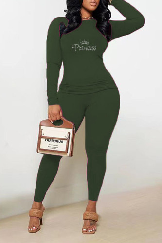 Army Green Casual Solid Patchwork Hot Drill O Neck Long Sleeve Two Pieces