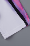 Roxo moda casual estampa patchwork gola dobrada manga curta duas peças