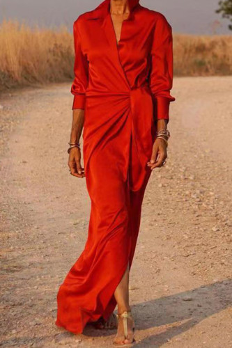 Robes de robe de chemise à col rabattu en patchwork de bandage solide décontracté rouge