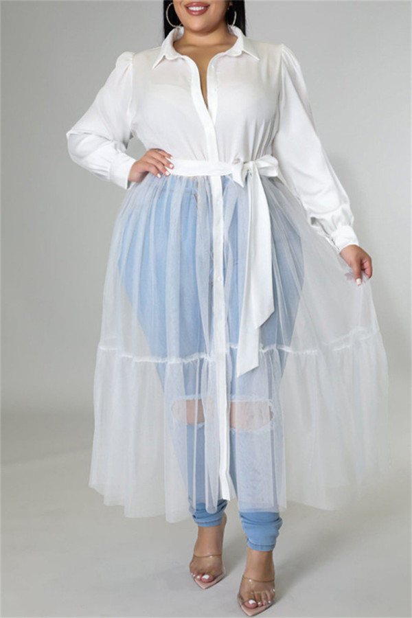 Witte sexy casual effen patchwork kraag met lange mouwen plus size jurken
