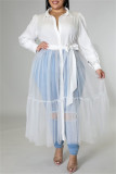 ホワイト セクシー カジュアル ソリッド パッチワーク ターンダウン カラー ロング スリーブ プラス サイズ ドレス