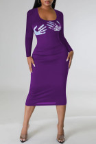 Пурпурные повседневные базовые платья с длинным рукавом с принтом на каждый день с U-образным вырезом