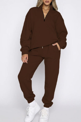Coffee Casual Zipper Collar Long Sleeve Sweatshirt And Pants Sportwear Two Piece Jogger Set