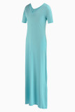 Himmelsblå Mode Casual Solid Basic V-ringad kortärmad klänning