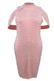 Pink Sexy Solid Patchwork Beading Hot Drill Half A Turtleneck Dresses