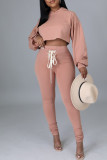 Pink Casual Solid Bandage Patchwork Hooded Collar Long Sleeve Two Pieces