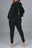 ブラック カジュアル ソリッド 包帯 パッチワーク フード付き 襟 長袖 ツーピース