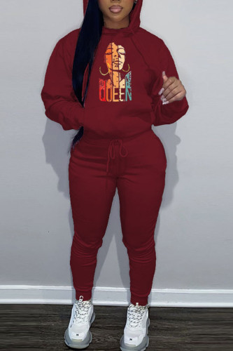 Burgundy Casual Graphics Print Hooded Collar Long Sleeve Sweatshirt And Pants Sportwear Two Piece Jogger Set